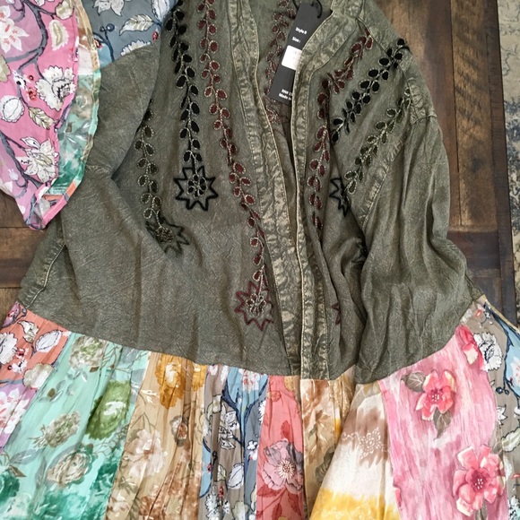 Embroidered Olive Green Gravel Jacket Blazer 2X Young Threads Bell Sleeve - Picture 1 of 9